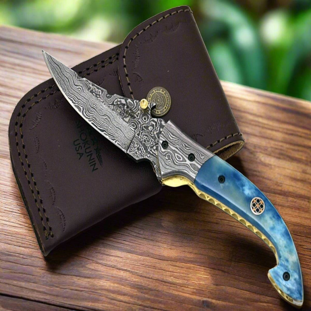 Folding Pocket Knife - Neon Everyday Carry Pocket Knife with Bone Handle & Leather Sheath - Shokunin USA