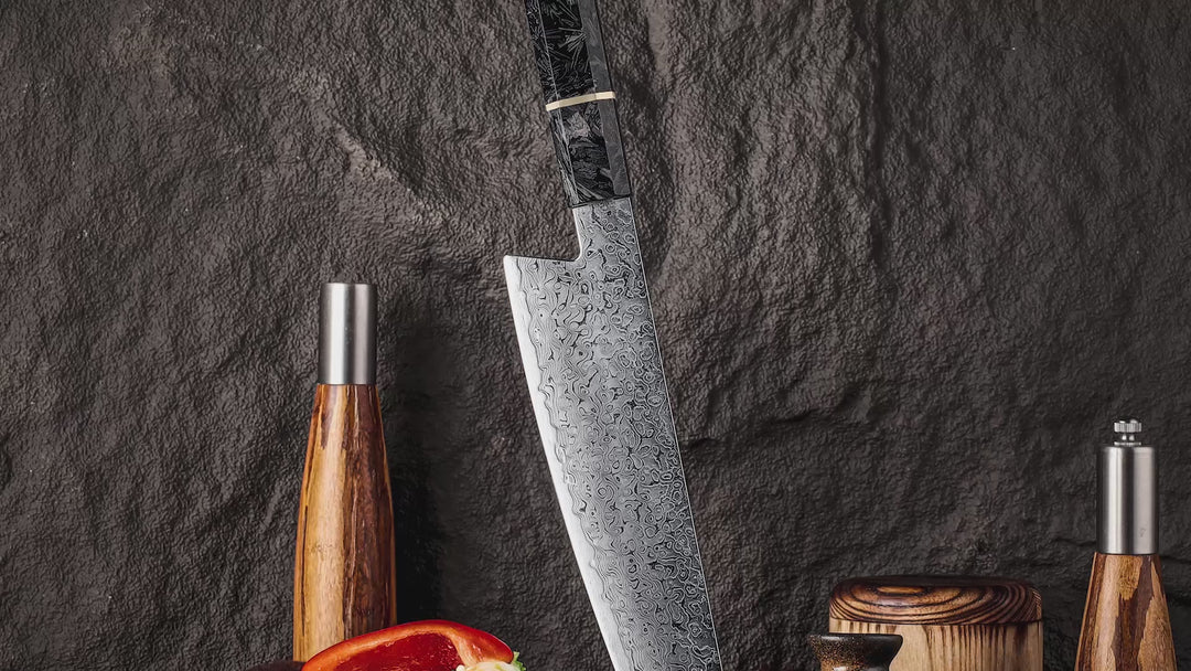 Cuchillo Chef Damasco Cobalto con Mango de Madera de Leopardo y Turquesa