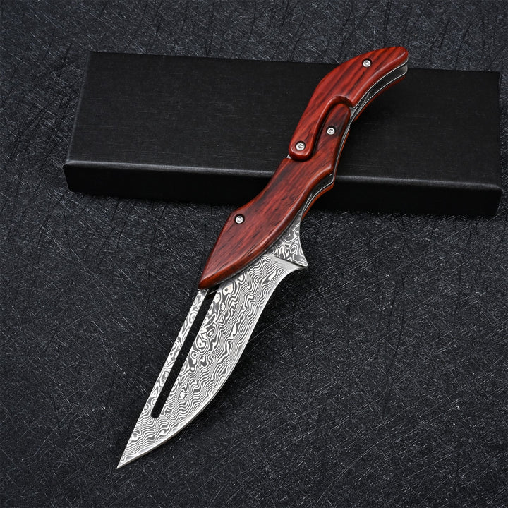 Hera Japanese VG10 Slider Damascus Pocket Knife with Exotic Red Sandal Wood Handle