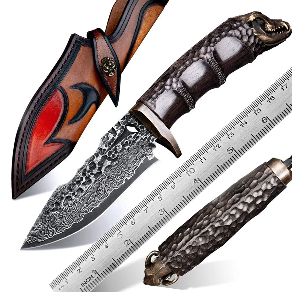 Cuchillo de caza Savage Damascus con mango de madera de olivo y resina