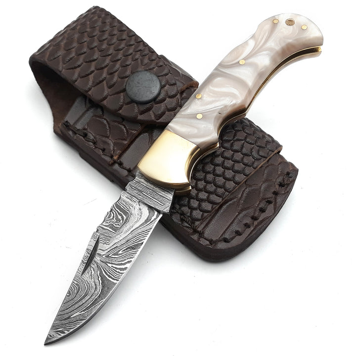 Pinnacle Damascus Pocket Knife with Mother of Pearl Handle