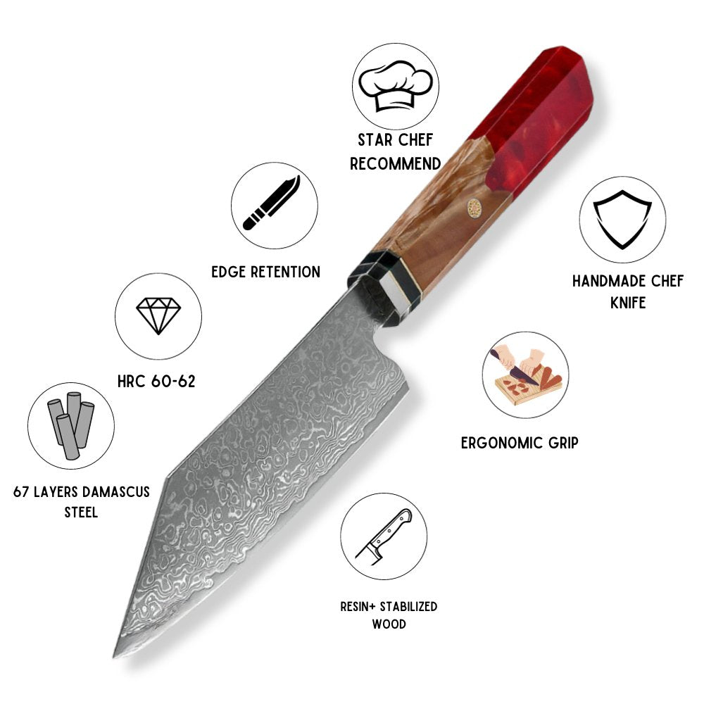 Chef knife - Alpha Chef Knife Damascus Bunka Knife with Exotic Olive Wood & Resin Handle - Shokunin USA