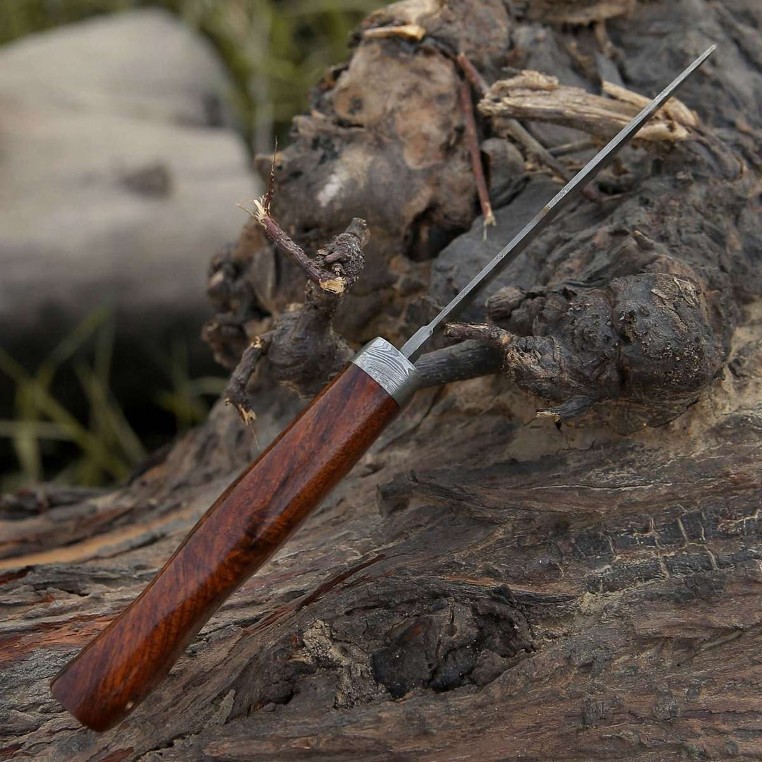 Damascus Knife - Bolt Damascus Custom Hunting Knife with Exotic Rose Wood Handle - Shokunin USA