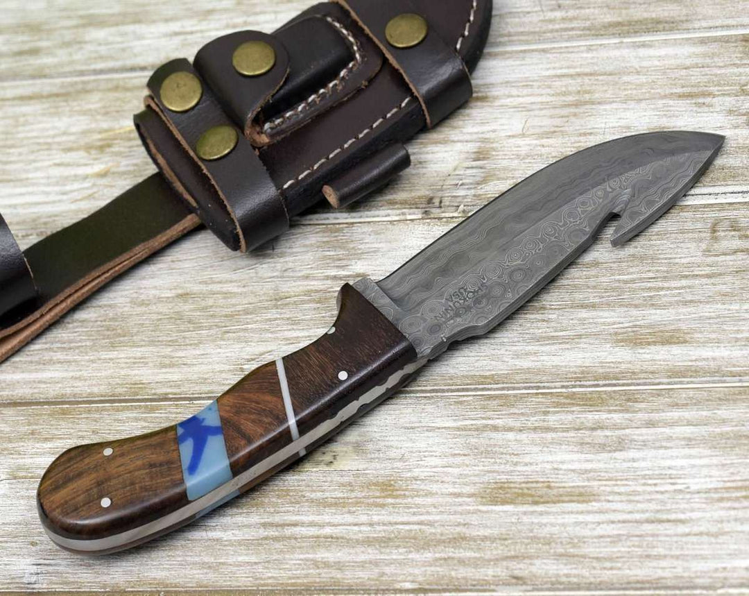 Damascus Knife - Captain Personalized Knife with Exotic Rosewood and Turquoise Handle - Shokunin USA