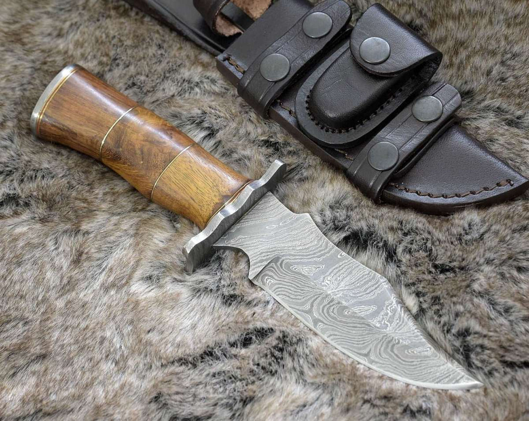 Damascus Knife - Carve Engraved Damascus Hunting Knife with Exotic Rose Wood Handle - Shokunin USA