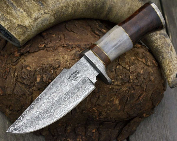 Hunting Knife - Champion Damascus Hunting Utility Knife with Exotic Rosewood and Bone Handle - Shokunin USA