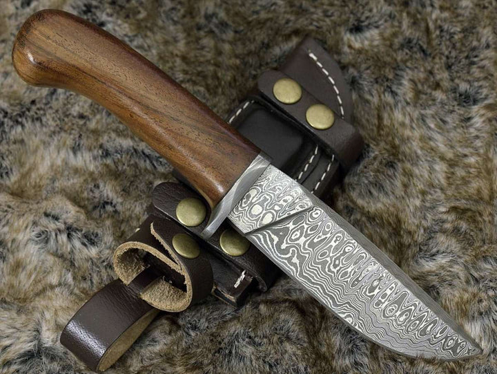 Damascus Knife - Clemence Damascus Engraved Hunting Knife with Exotic Rose Wood handle & Sheath - Shokunin USA