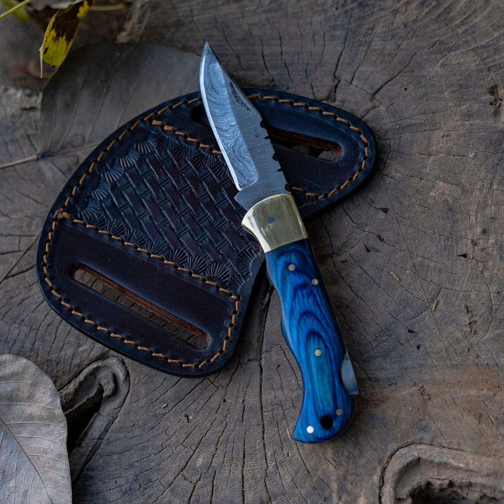 Damascus Knife - Diamond Pocket Knife with Pakka Wood Handle - Shokunin USA