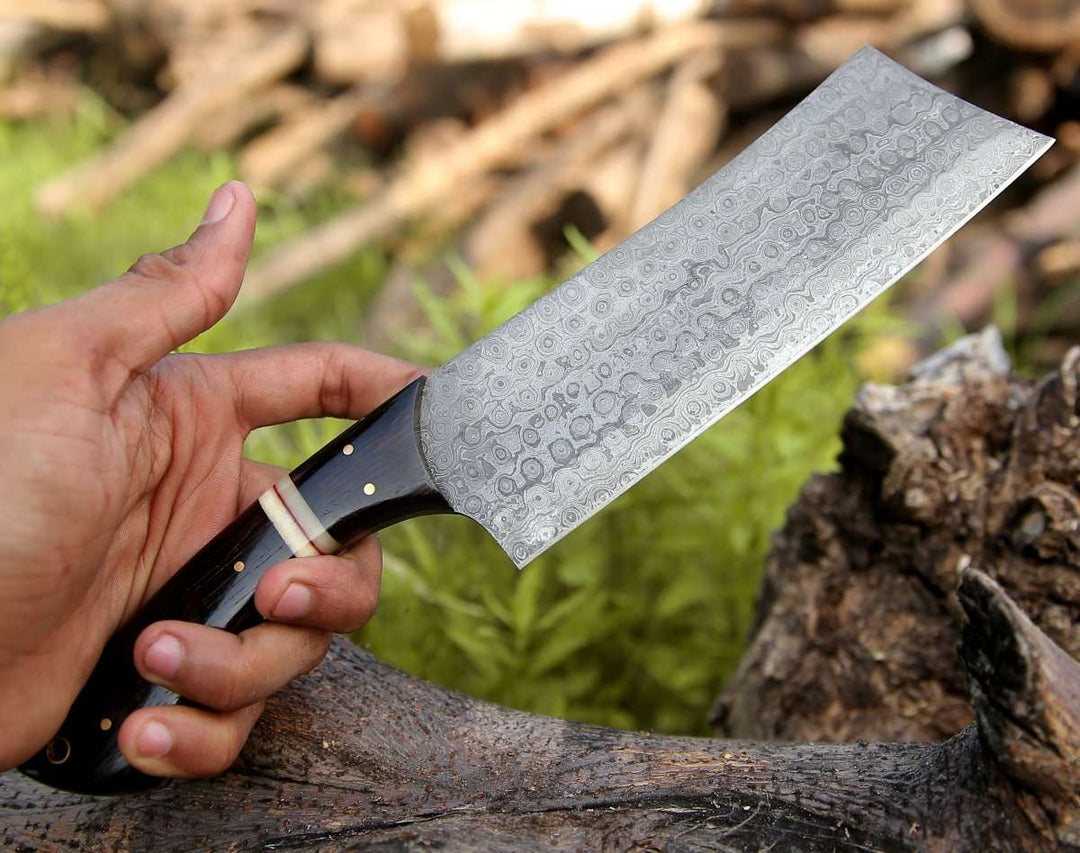Chef knife - Ember Damascus Cleaver Knife with Bone & Exotic Wenge Wood Handle - Shokunin USA