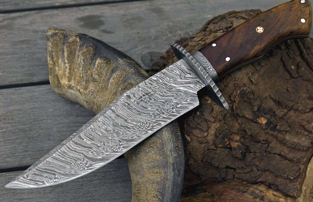 Damascus Knife - Excelsior Game Knife with Exotic Rosewood Handle & Sheath - Shokunin USA