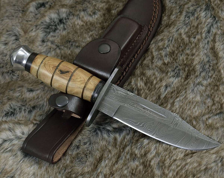 Utility Knife - Frontier Damascus Military Knife with Exotic Olive Wood Handle - Shokunin USA