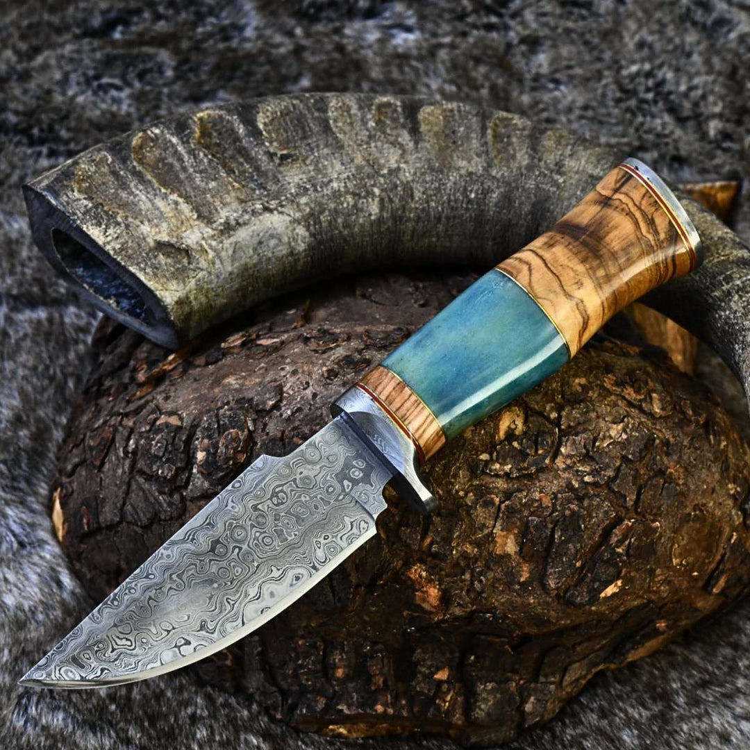 Fixed blade knife. - Frost Damascus Hunting Knife with Olive Wood & Bone Handle - Shokunin USA