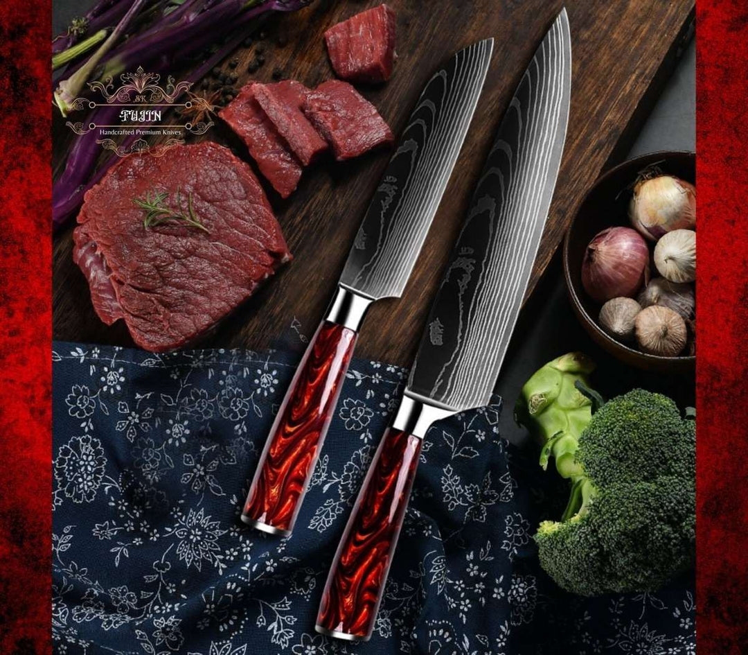 Chef Knife Set - Fujin 10 Pcs Handmade Chef's Knife Damascus Pattern HC Steel Chef's Set with Sheath - Shokunin USA