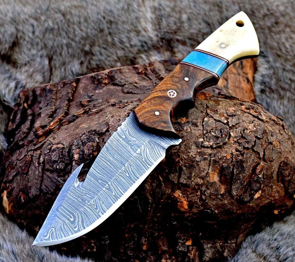 Handmade Damascus hunting knife with white bone handle gift for father 2024 wedding gift Bowie knife birthday gift anniversary gift camping knife