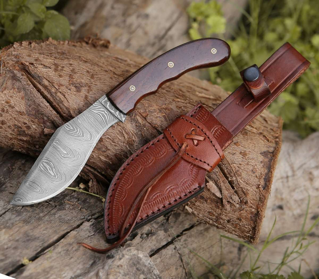 Hunting Knives - Huntsman Damascus Kukri Knife with Exotic Rose Wood Handle - Shokunin USA