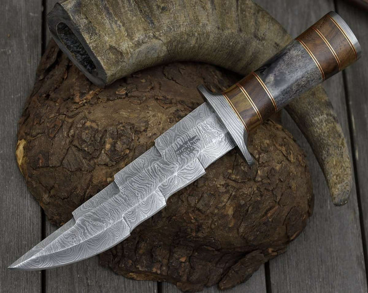 Utility Knife - Kris Damascus Hunting Bowie Knife with Exotic Rose wood & Bone handle - Shokunin USA