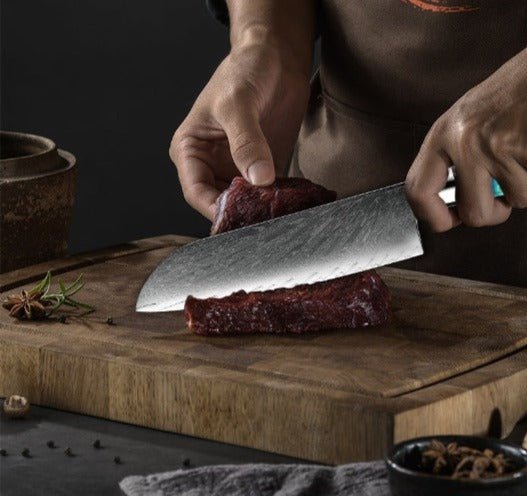 Chef knife - Kurenai VG10 Chef Knife Damascus Santoku Knife with Exotic Olive Wood & River Handle - Shokunin USA