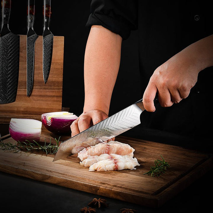Chef Knife Set - Supreme VG10 8-Pc Professional Chef Knife Set with Stained Olive Wood Handle & Sheath - Shokunin USA