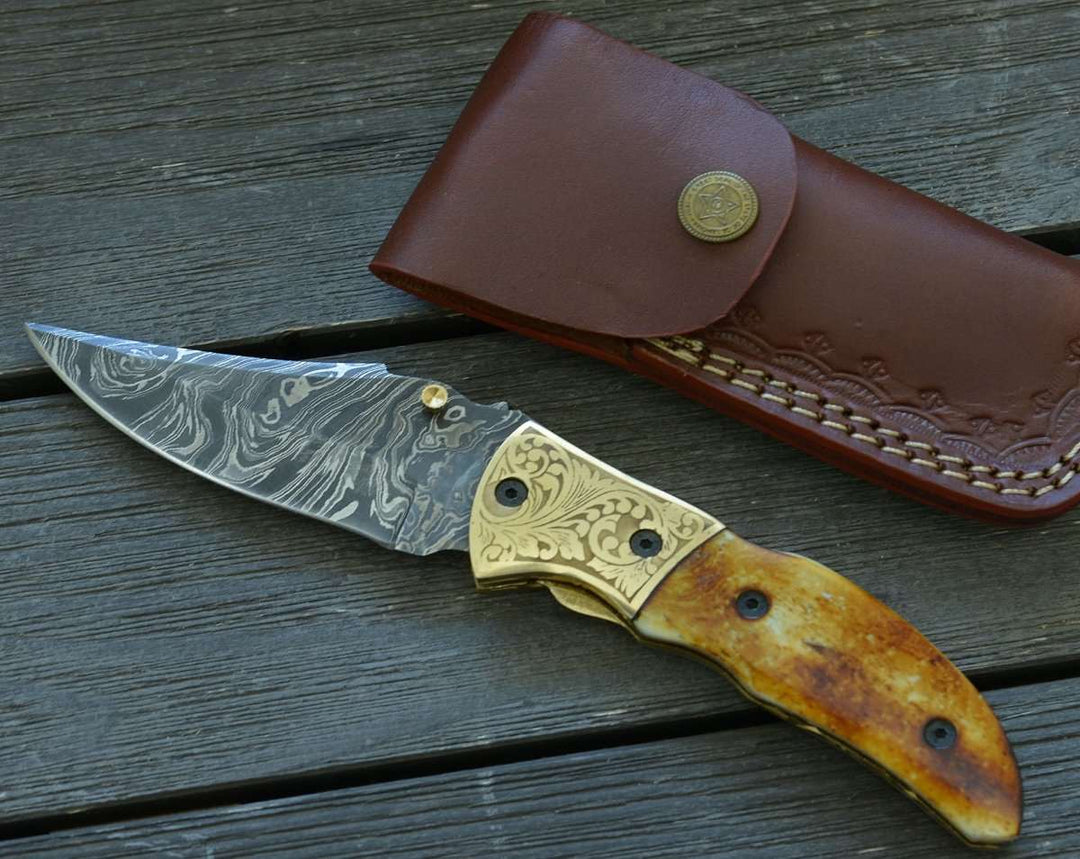 Pocket Knife - Marshal Damascus Folding Knife with Charred Bone Handle - Shokunin USA