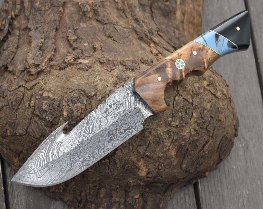 Utility Knife - Morph Gut Hook Hunting Knife with Exotic Olive Wood & Turquoise Handle - Shokunin USA