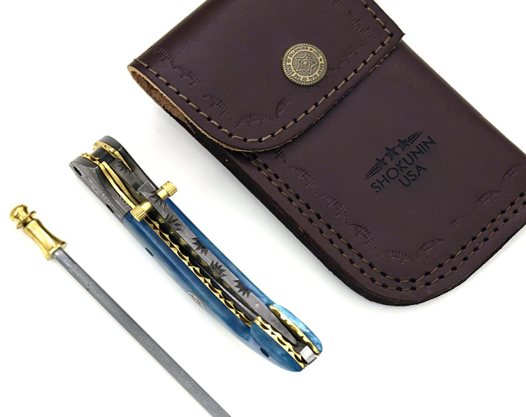 Folding Pocket Knife - Neon Everyday Carry Pocket Knife with Bone Handle & Leather Sheath - Shokunin USA
