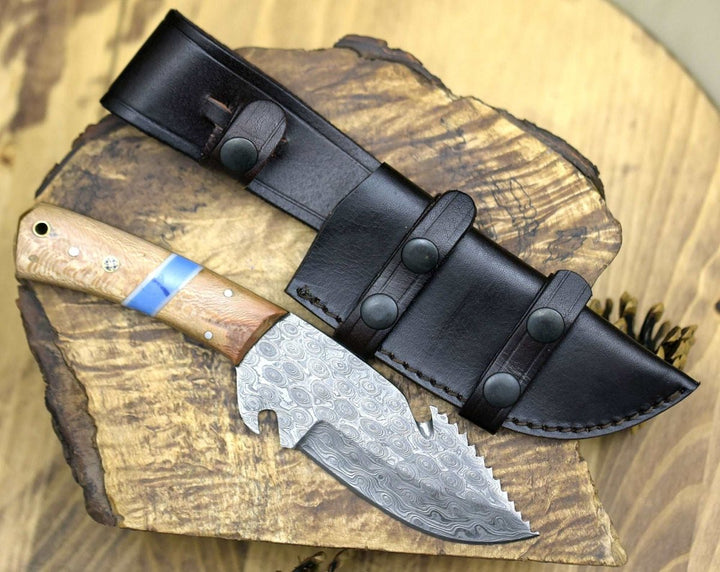 Damascus Knife - Oasis Damascus Gut Hook Knife with Exotic Leopard Wood Handle - Shokunin USA
