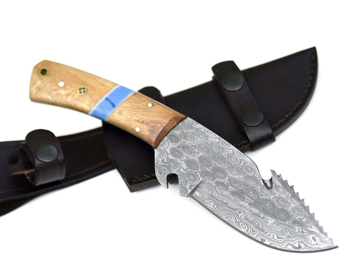 Damascus Knife - Oasis Damascus Gut Hook Knife with Exotic Leopard Wood Handle - Shokunin USA