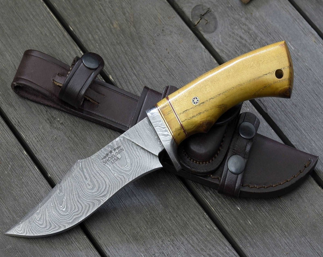 Damascus Knife - Odyssey Damascus Hunting Knife with Exotic Yellow Heart Handle - Shokunin USA