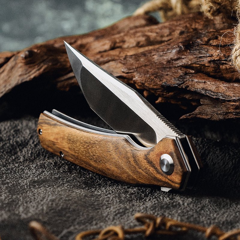 Damascus Knife - Polaris D2 Steel Pocket Knife with Exotic Sandal Wood Handle - Shokunin USA