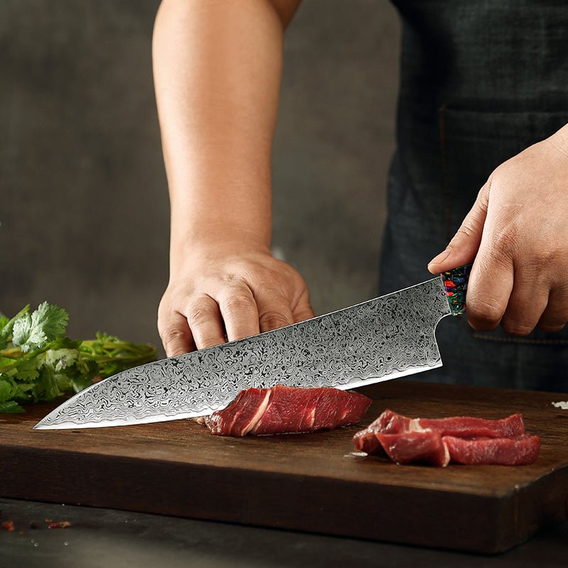 Chef Knife - Pristine VG10 Chef Knife Damascus Kiritsuke Knife 8.5" with Exotic Olive Wood & Resin Handle - Shokunin USA