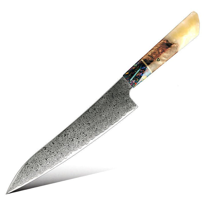 Chef Knife - Pristine VG10 Chef Knife Damascus Kiritsuke Knife 8.5" with Exotic Olive Wood & Resin Handle - Shokunin USA