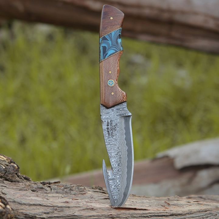 Damascus Knife - Python Damascus Gut Hook Knife with Exotic Leopard Wood & Turquoise Handle - Shokunin USA