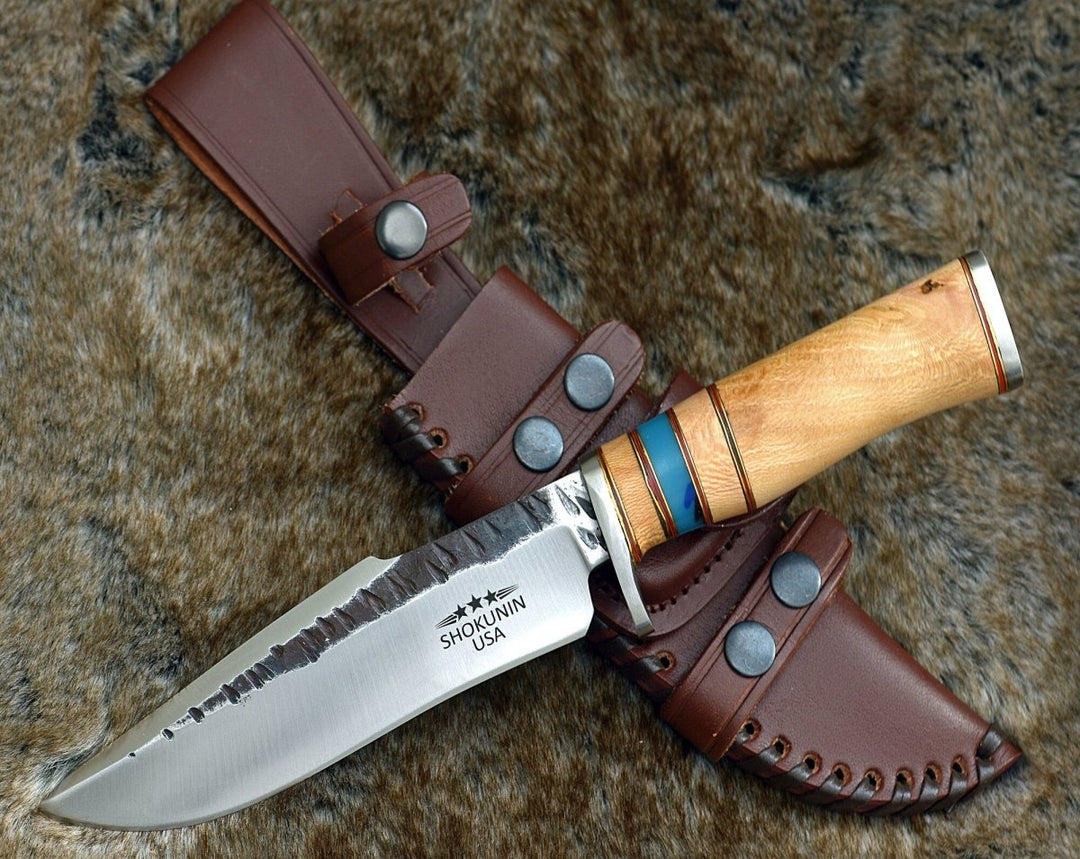 Utility Knife - Reign Damascus Bowie Knife with Exotic Leopard Wood Handle - Shokunin USA