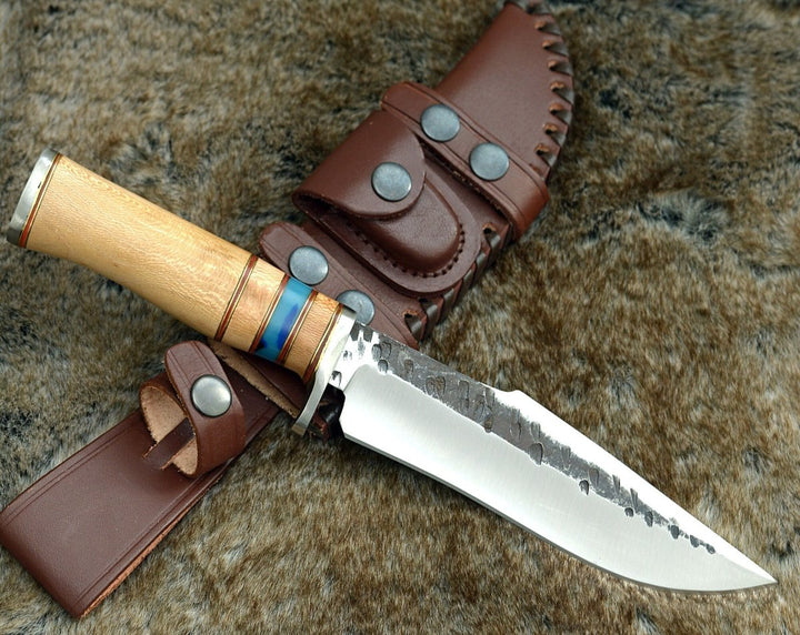 Utility Knife - Reign Damascus Bowie Knife with Exotic Leopard Wood Handle - Shokunin USA