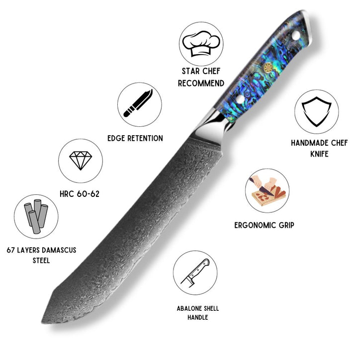 Chef Knife - Ronin VG10 9" Chef Knife Damascus Steel Knife with Abalone Shell Handle - Shokunin USA
