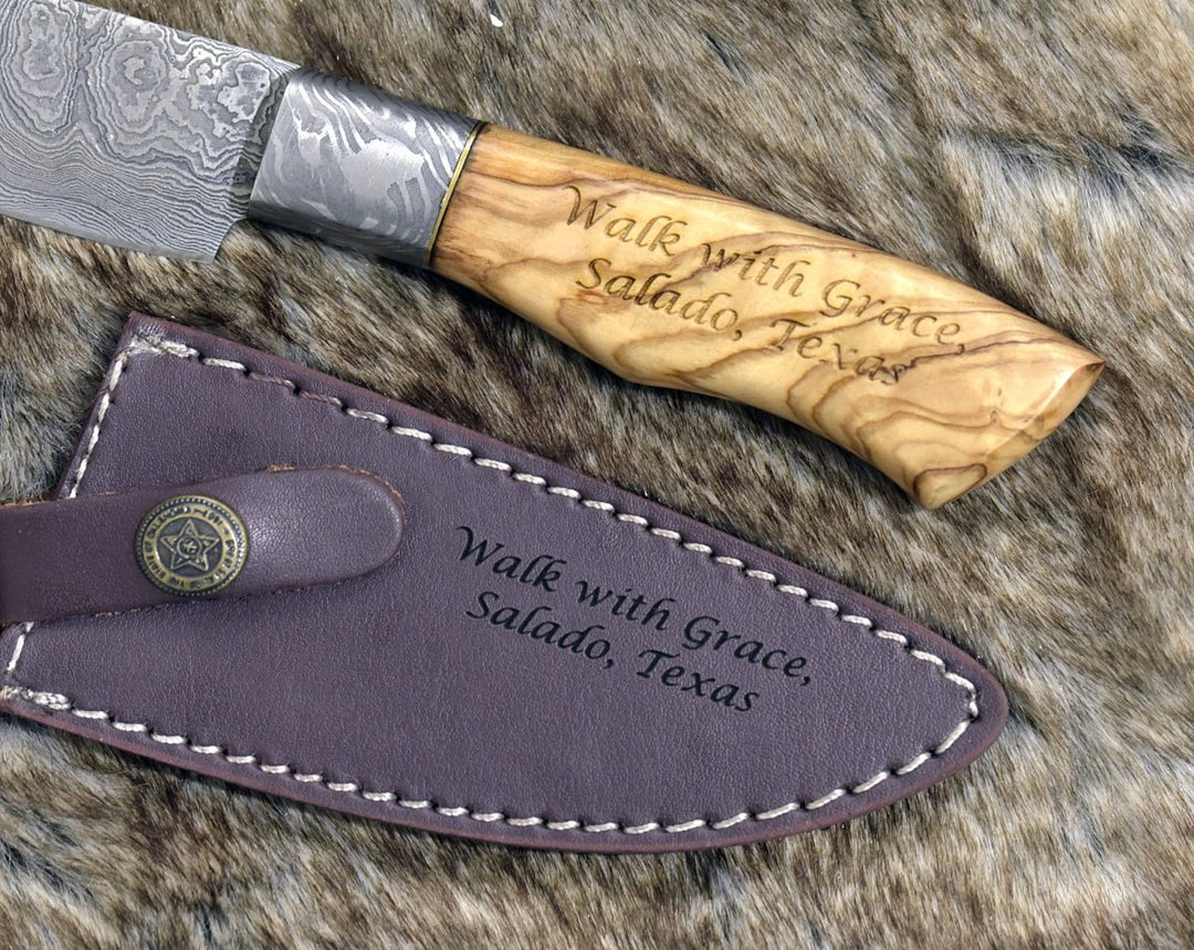 Damascus Knife - Sculptor Camp Knife with Exotic Olve Wood Handle - Shokunin USA