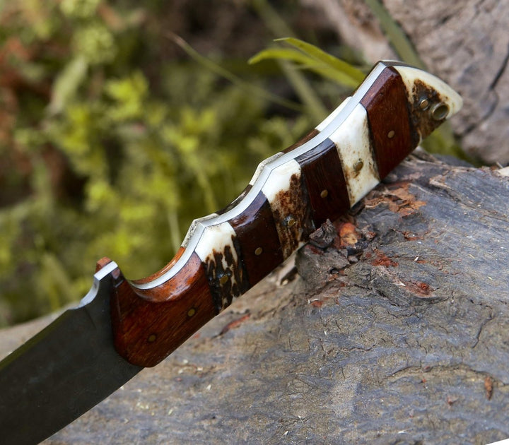 Damascus Knife - Sentinel Gut Hook Hunting Knife With Antler & Exotic Rose Wood Mosaic Handle - Shokunin USA