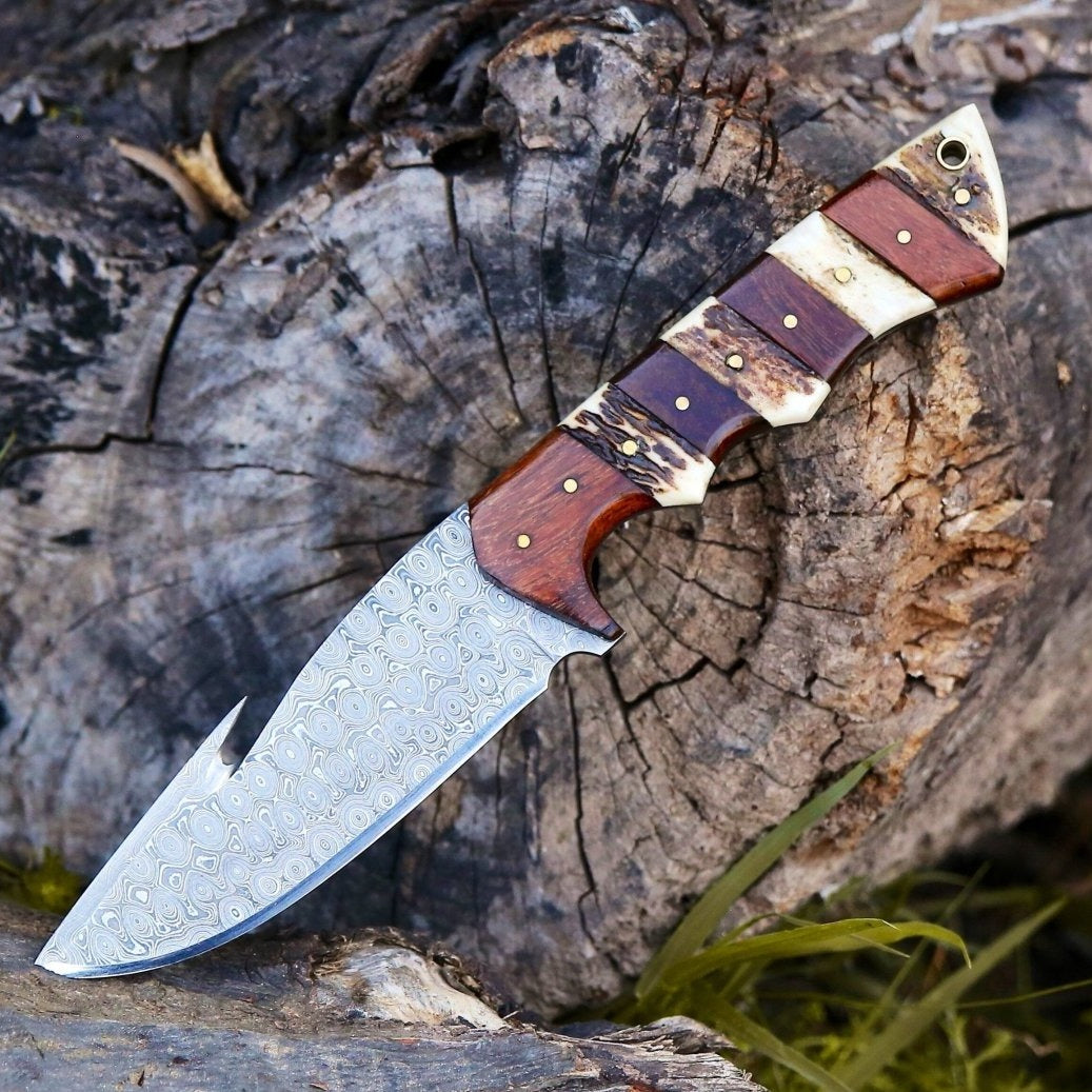 Shokunin USA Hunting | Damascus Knife | Handforged Knives | Damascus Hunting Knives | Deer Antler Knife | Raindrop Damascus Blade | with Sheath 581