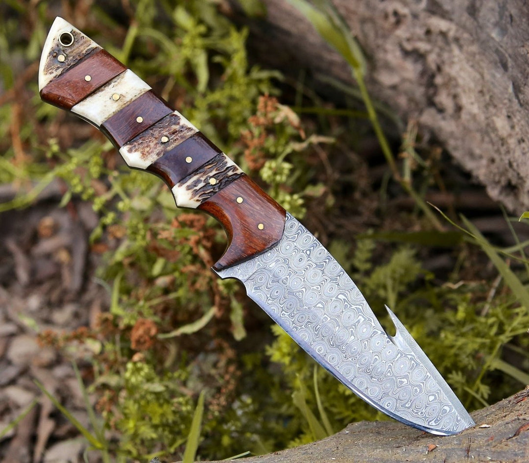 Damascus Knife - Sentinel Gut Hook Hunting Knife With Antler & Exotic Rose Wood Mosaic Handle - Shokunin USA