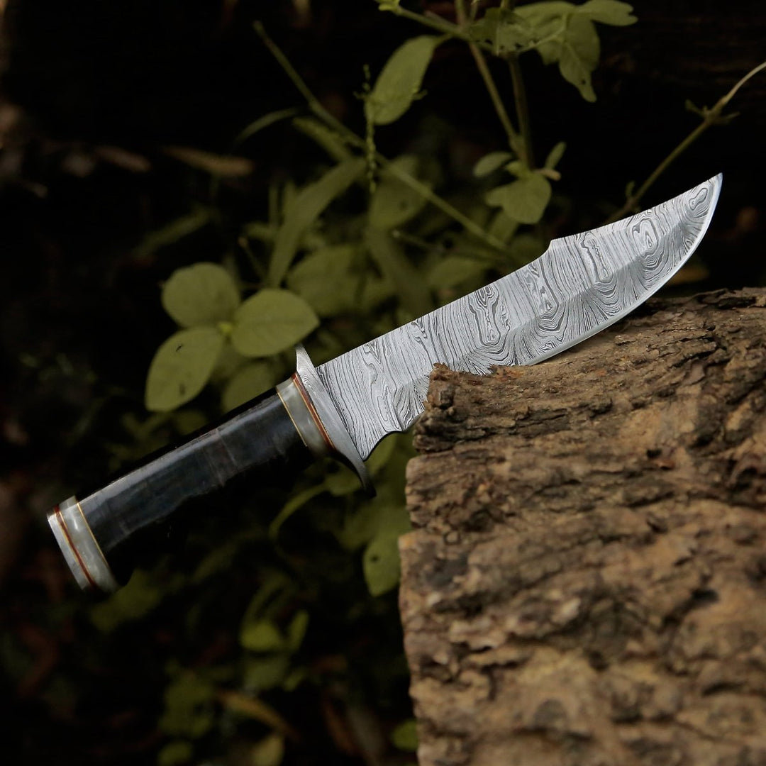 Damascus Knife - Soul Sniper Bowie Knife with Mother of Pearl & Stacked Leather Handle - Shokunin USA
