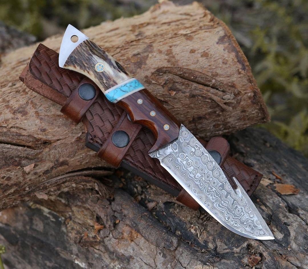 Damascus Knife - Thunder Damascus Gut Hook Knife with Antler & Turquoise Handle - Shokunin USA