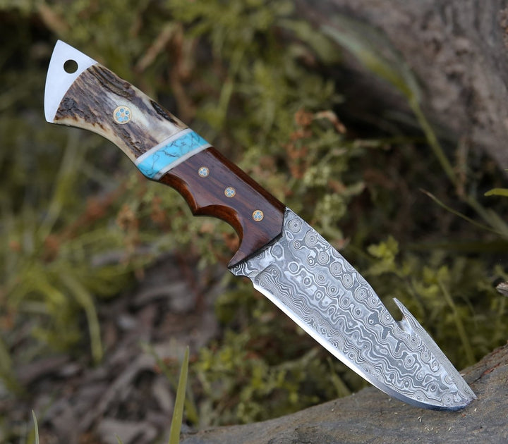 Damascus Knife - Thunder Damascus Gut Hook Knife with Antler & Turquoise Handle - Shokunin USA