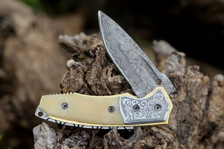 Damascus Knife - Trailblazer Damascus Pocket Knife with Bone Handle - Shokunin USA