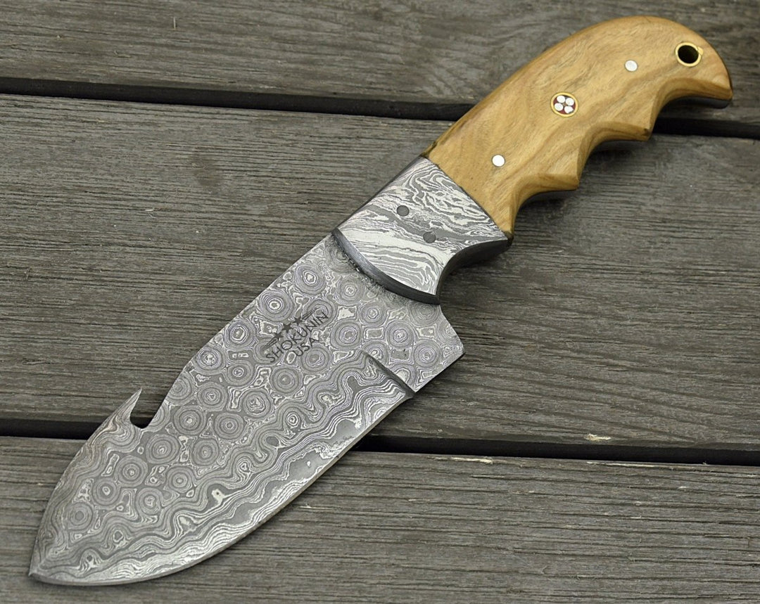 Handmade Forged Damascus Steel Gut Hook Hunting Knife EDC With Orginal