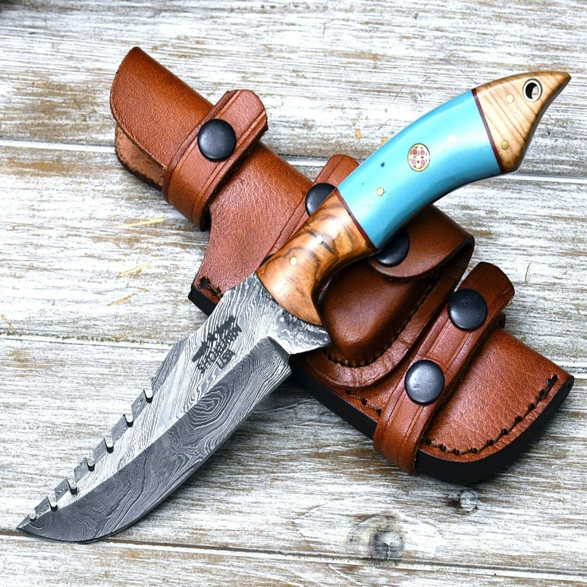 Custom Handmade Damascus Steel Skinning Knife With Olive Wood Handle