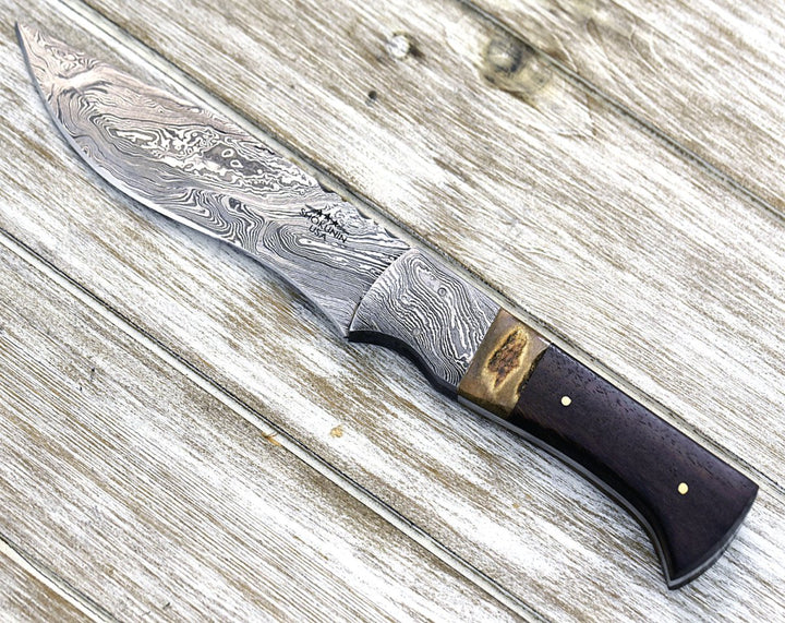 Utility Knife - Zeus Damascus Steel Hunting Knife, With Antler & Rose Wood Handle - Shokunin USA