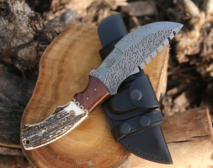 Utility Knife - Zues Tracker Knife with Antler & Rose wood Handle - Shokunin USA